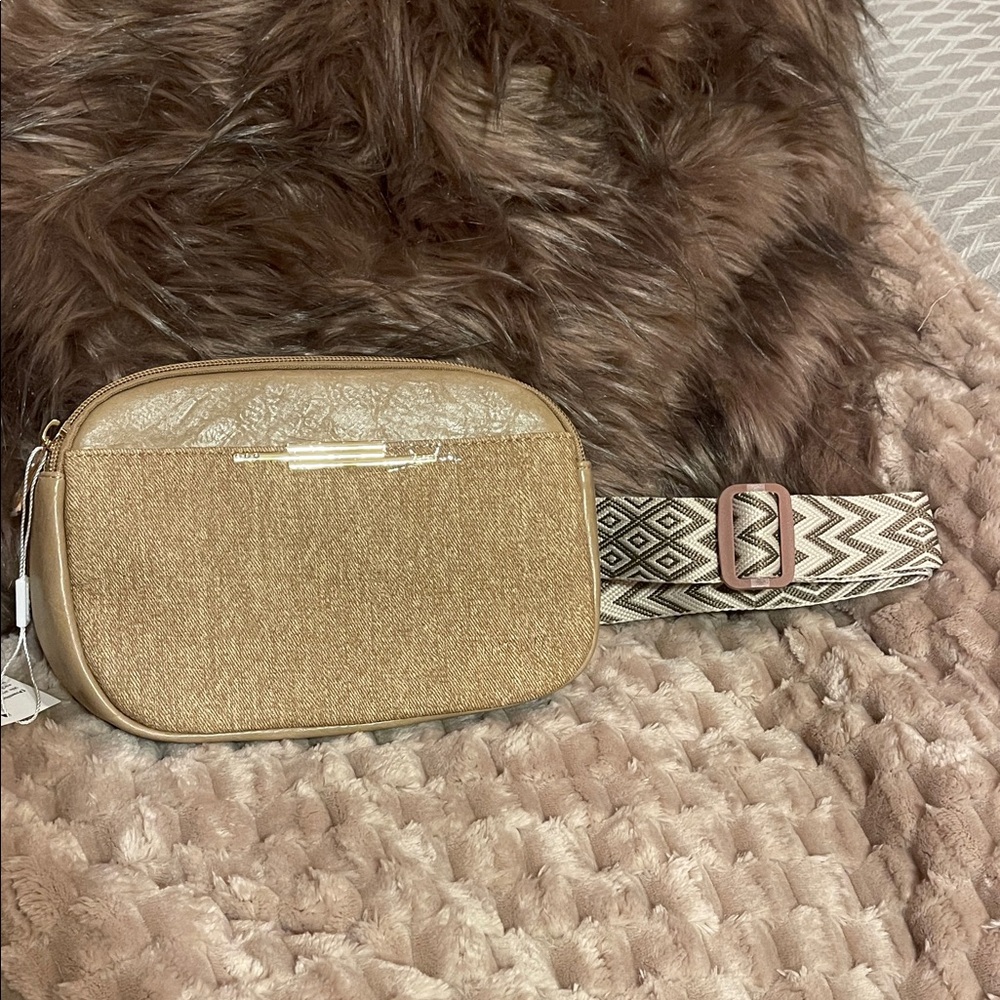 Elegant Tan Crossbody Bag with Patterned Strap